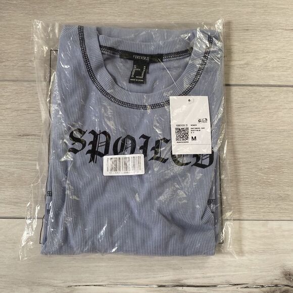 Forever 21 Spoiled Graphic Mini Knit Dress Dusty Blue “Spoiled” M NWT in pkg - Picture 6 of 7